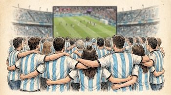 Dibujo editorial de un grupo de hinchas argentinos de espaldas, abrazados y con la camiseta albiceleste, viendo un partido en una pantalla grande de estadio.