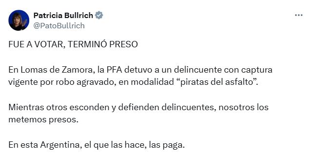 El posteo de Patricia Bullrich