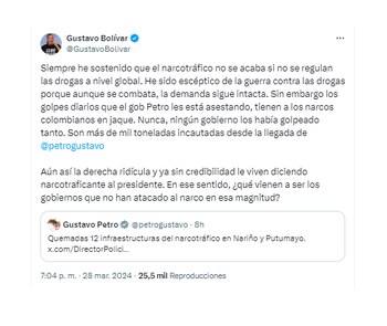 El director del DPS ponderó la incautación de drogas en lo que va del Gobierno Petro, pese a que dice que no cree en la lucha contra el narcotráfico - crédito @GustavoBolivar/X