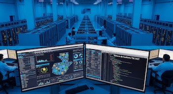 Centro de datos iluminado en azul con filas de servidores y personal técnico. Monitores de ordenador muestran gráficos de datos, un mapa de Guatemala y código.