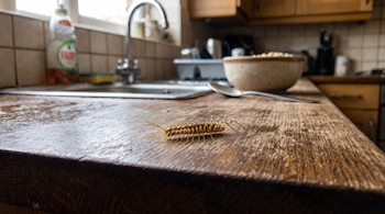Un ciempiés sobre una encimera de madera junto a una cuchara, un cuenco y un fregadero en una cocina.