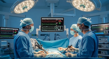 Tres profesionales médicos con uniformes, gorros y mascarillas operan a un paciente. Hay instrumentos quirúrgicos, lámparas de quirófano y monitores con signos vitales.