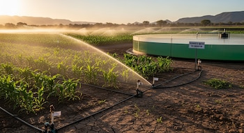 Vista panorámica de un campo de cultivo verde siendo regado por aspersores al atardecer, con un gran tanque de agua verde y blanco y montañas al fondo.
