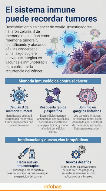Infografía que muestra células inmunes y cancerosas, junto a esquemas de linfocitos B y un ganglio linfático, explicando la memoria inmunológica contra tumores.