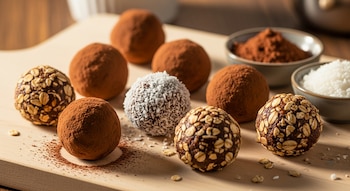 Primer plano de varias trufas caseras sobre una tabla de madera clara, algunas cubiertas de cacao, otras de coco rallado y otras de avena.
