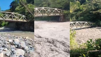 El puente Ocal sobre el río Negro quedó en riesgo de colapso tras el aumento del nivel del agua en Guayabetal. Su nivel aumentó de forma considerable entre 2024 y 2026 - crédito cortesía Alcaldía de Guayabetal