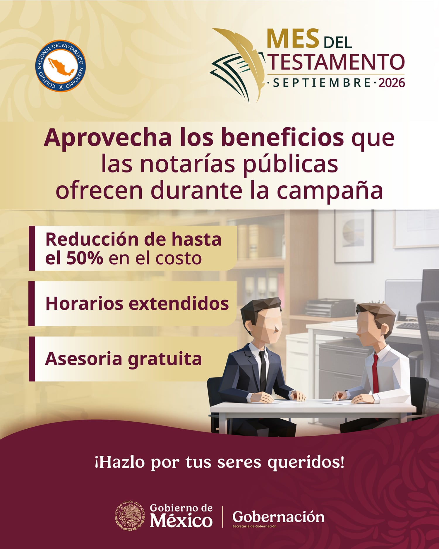Durante septiembre, el testamento puede reducir su costo hasta en un 50%. (Gob. México)