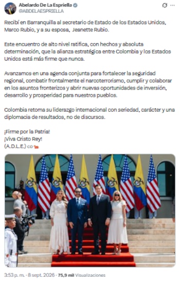 En sus redes sociales, el mandatario compartió su entusiasmo por las conclusiones que dejó su encuentro con Marco Rubio en Barranquilla - crédito @ABDELAESPRIELLA/X
