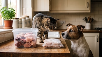 Un perro y un gato atigrado observan un recipiente con carne cruda y una bolsa congelada sobre una mesada de madera.