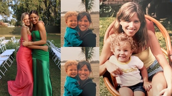 Collage de tres fotografías de Anna Carina Copello y Micaela Bebin juntas en un evento y durante la infancia