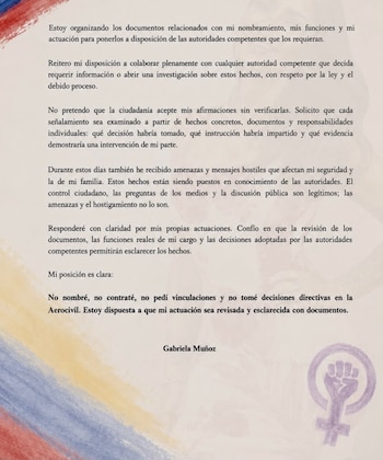 La exservidora indicó que está organizando los soportes relacionados con su nombramiento, sus funciones y su actuación para entregarlos a las autoridades que los requieran - crédito @gabrielaa.muol/X