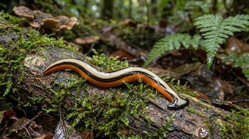 Un gusano plano de cuerpo alargado con franjas longitudinales naranja, negras y crema se mueve sobre un tronco cubierto de musgo verde.