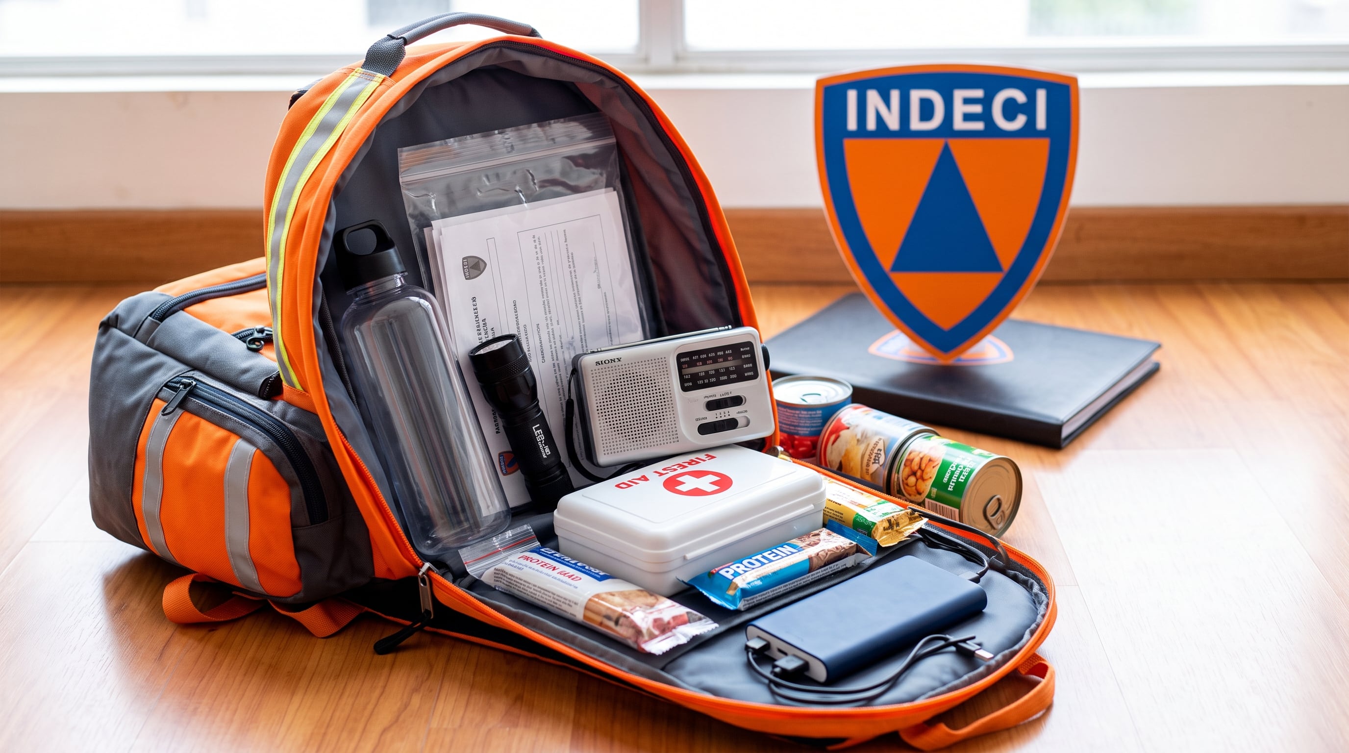 Una mochila de emergencia equipada con agua, alimentos y botiquín promueve la prevención ante desastres junto al símbolo del Instituto Nacional de Defensa Civil. (Imagen Ilustrativa Infobae)