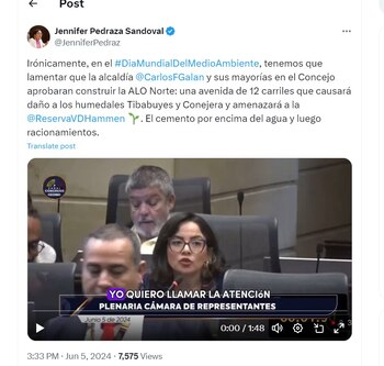 Jennifer Pedraza dice que el proyecto de la ALO afectará ambientalmente a la ciudad - crédito @JenniferPedraz