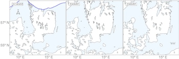 Tres mapas en secuencia con coordenadas geográficas y líneas de costa del norte de Europa en tres periodos de la antigüedad