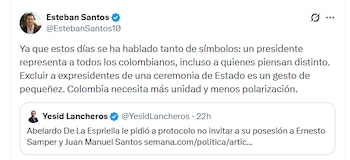 Esteban Santos criticó en redes sociales la exclusión de expresidentes de la ceremonia de Estado y pidió más unidad en Colombia - crédito @EstebanSantos10/X