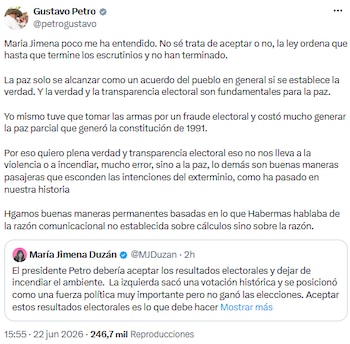 Gustavo Petro pidió esperar el escrutinio final y rechazó acusaciones de desestabilización - crédito @petrogustavo/X