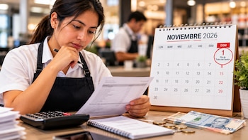 Una mujer con delantal sostiene una hoja frente a una calculadora, monedas, billetes de Perú y un calendario que marca el primero de noviembre