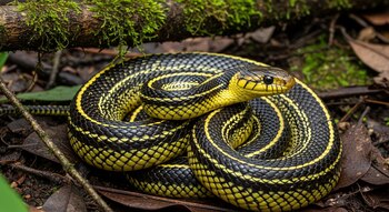 Serpiente enroscada con escamas negras y amarillas. Hay hojas secas y ramas con musgo en el suelo de un bosque con luz natural filtrada.