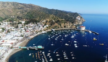 Vista aérea de una bahía con decenas de botes y veleros, un muelle, edificios en la costa y en las laderas, y un edificio circular blanco