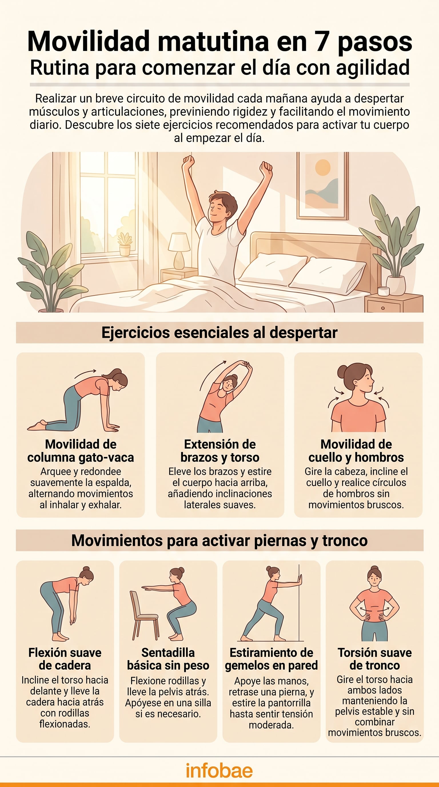 Siete ejercicios recomendados para una rutina de movilidad matutina. (Imagen Ilustrativa Infobae)