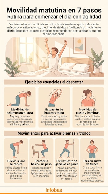 Infografía ilustrada que muestra a un hombre estirándose en la cama y recuadros explicativos de seis ejercicios de movilidad corporal.