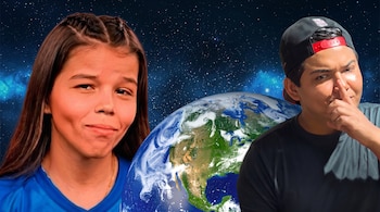 Retrato ilustrado de una niña y un joven junto al planeta Tierra en un fondo de espacio con estrellas.