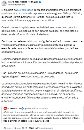 María José Pizarro rechazó el respaldo de El Heraldo a Abelardo de la Espriella y exigió neutralidad informativa - crédito @PizarroMariaJo/X