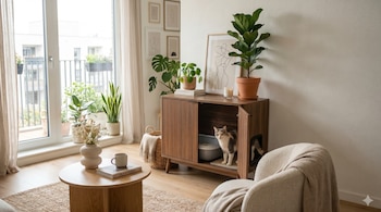 Salón luminoso con un gato calicó dentro de un mueble de madera oscuro que oculta un arenero. Incluye plantas, una mesa de centro de madera clara y un sillón beige.