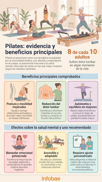 Infografía con seis ilustraciones de personas practicando Pilates, textos sobre sus beneficios físicos y mentales, datos de dolor lumbar y logotipo de Infobae.