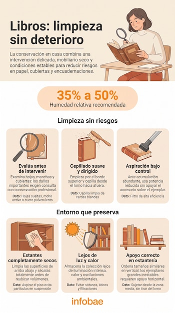 Ilustración de una mujer leyendo con una lupa, la cifra de 35% a 50% de humedad relativa y seis recuadros ilustrados con instrucciones.