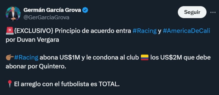 Previamente, se conoció que Duván Vergara sería nuevo jugador de Racing Club de Avellaneda - crédito @GerGarciaGrova/X