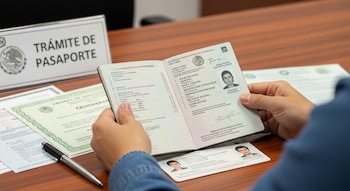 Mano de persona sujetando pasaporte abierto, documentos, letrero de "Trámite de Pasaporte", bolígrafo y fotografías tamaño carnet sobre una mesa de madera.