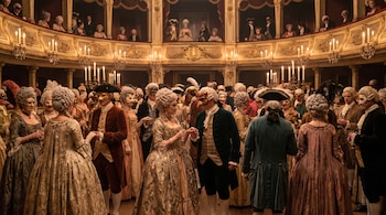 Un salón de teatro con candelabros muestra a personas con elaborados trajes del siglo XVIII, pelucas y máscaras, algunas observando desde los balcones superiores.