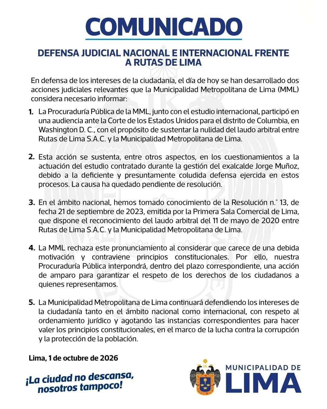 Un comunicado de la Municipalidad Metropolitana de Lima detalla acciones judiciales en Perú y Estados Unidos sobre los laudos arbitrales del caso Rutas de Lima. (Foto: MML)
