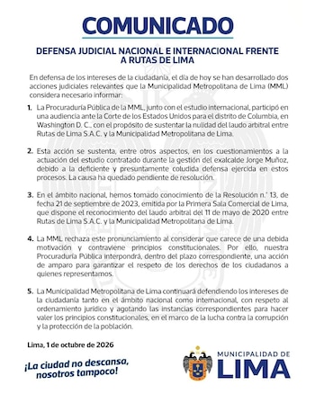 Comunicado oficial con texto impreso sobre fondo claro y el logotipo de la Municipalidad de Lima en la esquina inferior