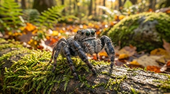 Primer plano de una araña saltarina peluda y oscura con ojos grandes y verdes sobre un tronco cubierto de musgo en un bosque soleado.