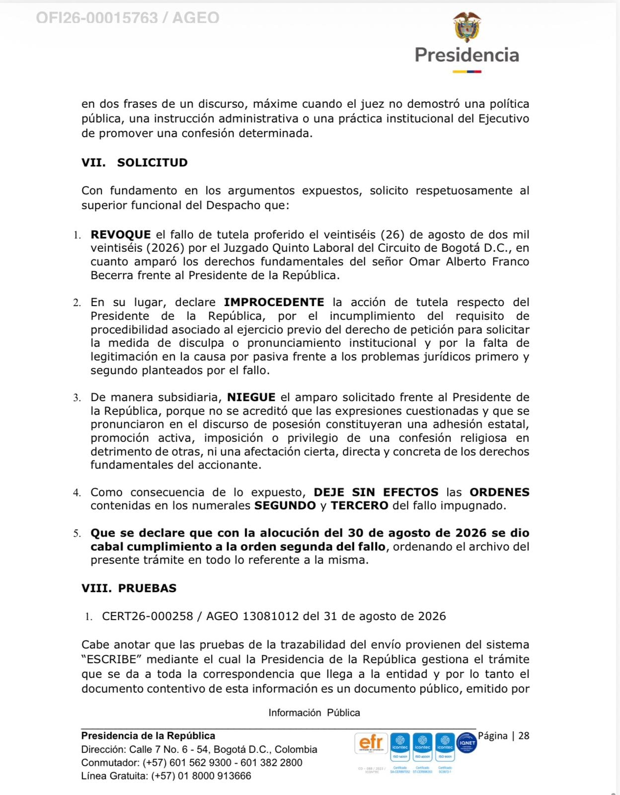 El Gobierno sostiene que el juez interpretó mal las referencias a Jesucristo - crédito Presidencia