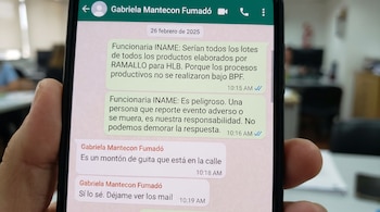 Una pantalla de teléfono móvil muestra una conversación de WhatsApp con mensajes de "Funcionaria INAME" y "Gabriela Mantecon Fumadó" del 26 de febrero de 2025.