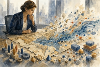 Ilustración en acuarela de una mujer sentada ante un escritorio con un mapa que se fragmenta en diagramas, figuras y engranajes.