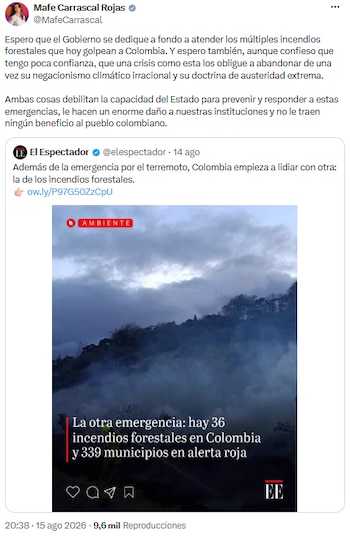 Mafe Carrascal cuestionó la gestión oficial durante crisis de incendios y llamó a fortalecer la política ambiental - crédito @MafeCarrascal/X