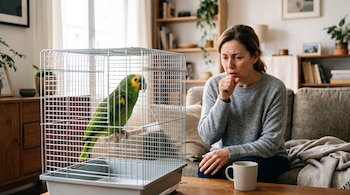 Un perico verde dentro de una jaula de metal sobre una mesa y una mujer tosiendo sentada en un sofá en una sala.