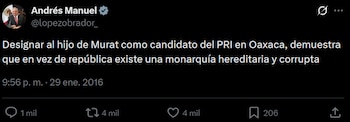 La publicación, fechada el 29 de enero de 2016 y ya eliminada, circula en capturas en internet y cuestiona la candidatura del priista a Oaxaca por ser hijo de José Murat, exgobernador