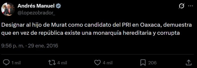 La publicación, fechada el 29 de enero de 2016 y ya eliminada, circula en capturas en internet y cuestiona la candidatura del priista a Oaxaca por ser hijo de José Murat, exgobernador