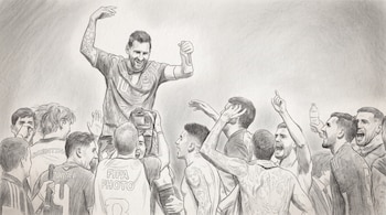 Ilustración a lápiz: Lionel Messi en camiseta diez, sobre hombros de un hombre con chaleco FIFA PHOTO, rodeado por hombres festejando.