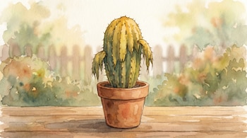 Ilustración horizontal en acuarela de un cactus con tonos amarillentos y verdes pálidos en una maceta de barro, sobre una superficie de madera y un jardín borroso de fondo.