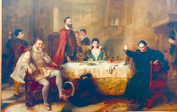 Óleo: escena interior con un hombre de capa roja, un hombre sentado en sillón siendo asistido por otro arrodillado, y varias figuras alrededor de una mesa