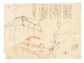 Dibujos a tinta en un folio antiguo de Leonardo da Vinci del Codex Atlanticus, mostrando diseños de alas, máquinas voladoras y notas escritas a mano
