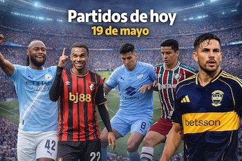 Montaje de cinco futbolistas en sus uniformes de equipo frente a un estadio lleno, con el texto 'Partidos de hoy 19 de mayo' arriba.