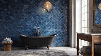Bañera exenta negra frente a una pared de azulejos azules, lavabo de madera con espejo, alfombra gris, taburete con toallas y lámpara colgante.